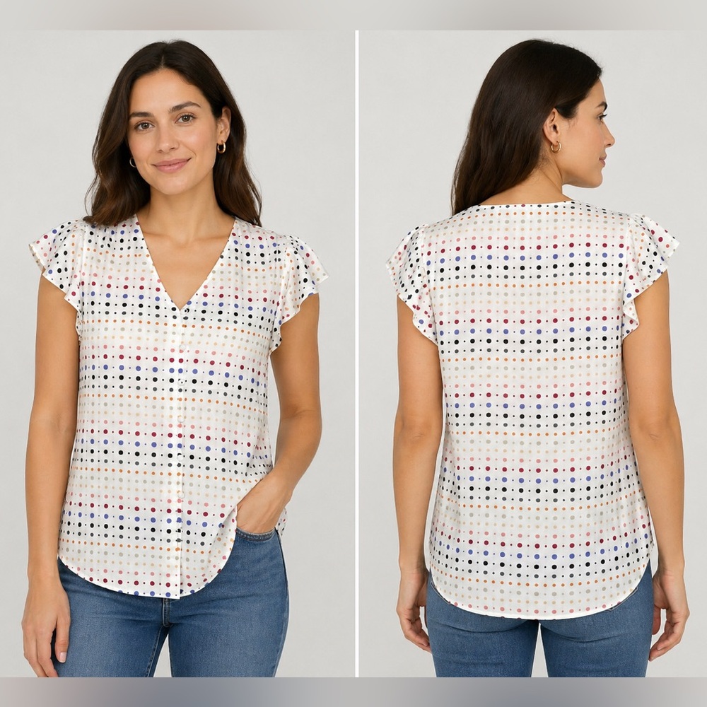 LOFT White V-Neck Flutter Sleeve Colorful Polka Dot Print Top M Medium
